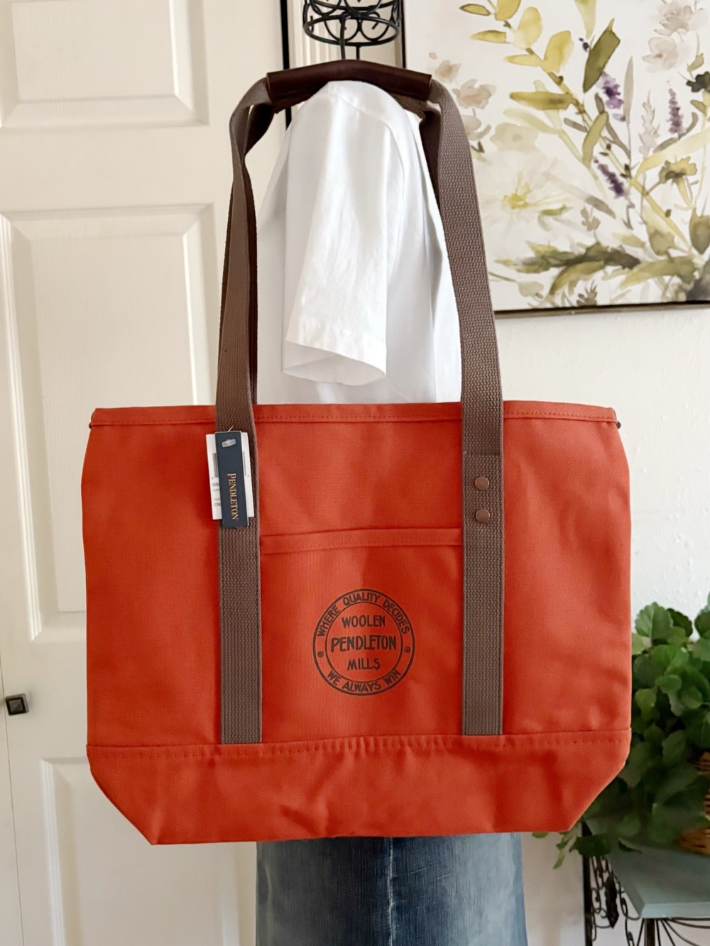 Pendleton Orange Canvas Tote with Brown Straps